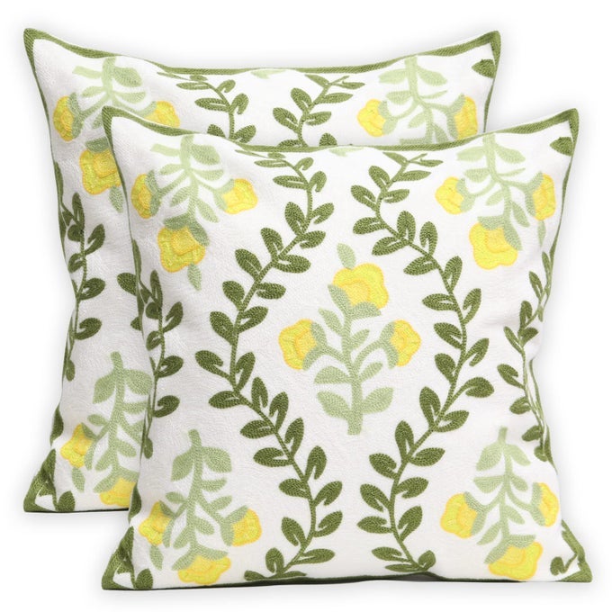 SET OF 2 EMBROIDERED DECORATIVE THROW PILLOW COVERS COUCH SQUARE PILLOWCASES CUSHION FOR BEDROOM SOFA FARMHOUSE DECOR 18X18 INCH YELLOW FLORAL