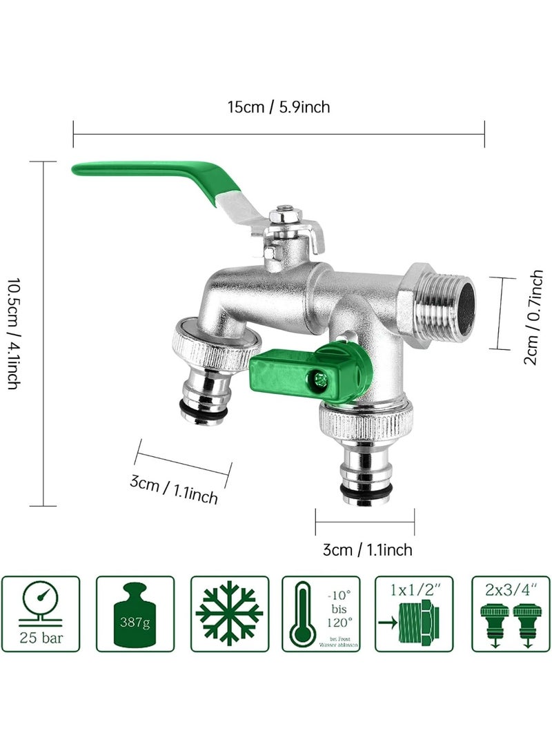 Double Garden Tap With 1/2 Inch Red/Brass Water Faucet and 2X3/4 Inch Outlet Ball Valve Outside Outdoor Tap (Green) - Image 5