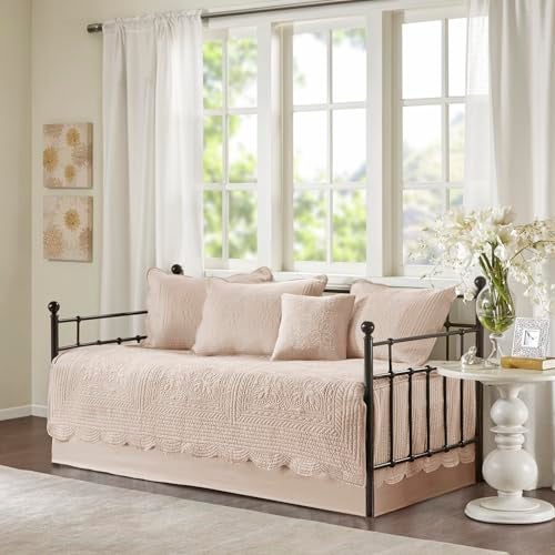 madison park Madison Park Daybed Cover SetTrendy Damask Quilting with Scalloped Edges All Season Luxury Bedding with Bedskirt Matching Shams Decorative Pillow 75x39 Tuscany Blush 6 Piece 