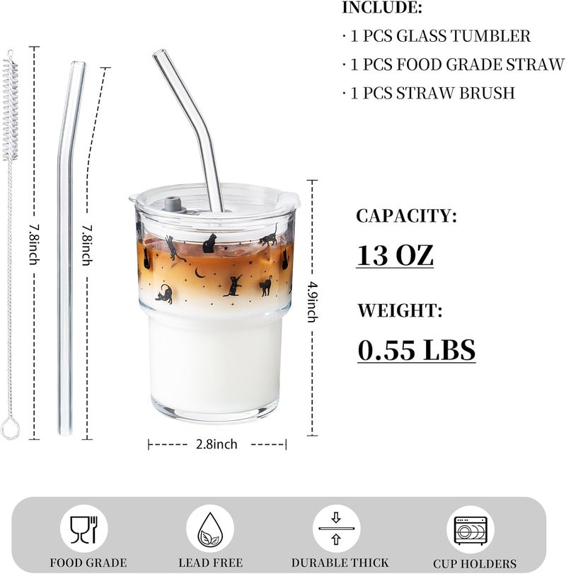 Olvini 13oz Glass Tumbler with Straw and Lid, Reusable Iced Coffee Cup Tumbler, Cute Glass Cups for Water, Matcha, Travel Coffee Mugs (Black Cat - 13oz) - Image 2