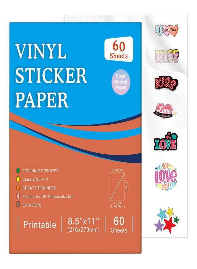 Aevdor 60 Sheets Premium Printable Vinyl Sticker Paper for Inkjet Printer and Laser, Clear 8.5x11 Inch Sticker Paper Waterproof, Dries Quickly, Vivid Colors, Tear Resistant, Great for Cutting Machines - Image 1