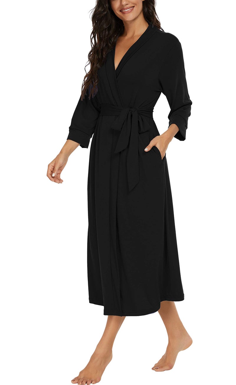VINTATRE Women Kimono Robes Long Knit Bathrobe Lightweight Soft Knit Sleepwear V-neck Casual Ladies Loungewear Black-Medium - Image 1