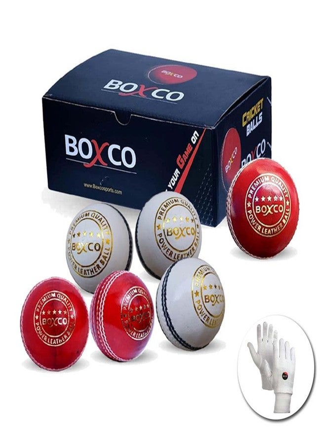 مجموعة كرات الكريكيت الجلدية المخيطة يدويًا من BOXCO باللونين الأحمر والأبيض، عبوة من 6 كرات، قفازات داخلية قطنية مجانية (Power Four Part) - Image 1