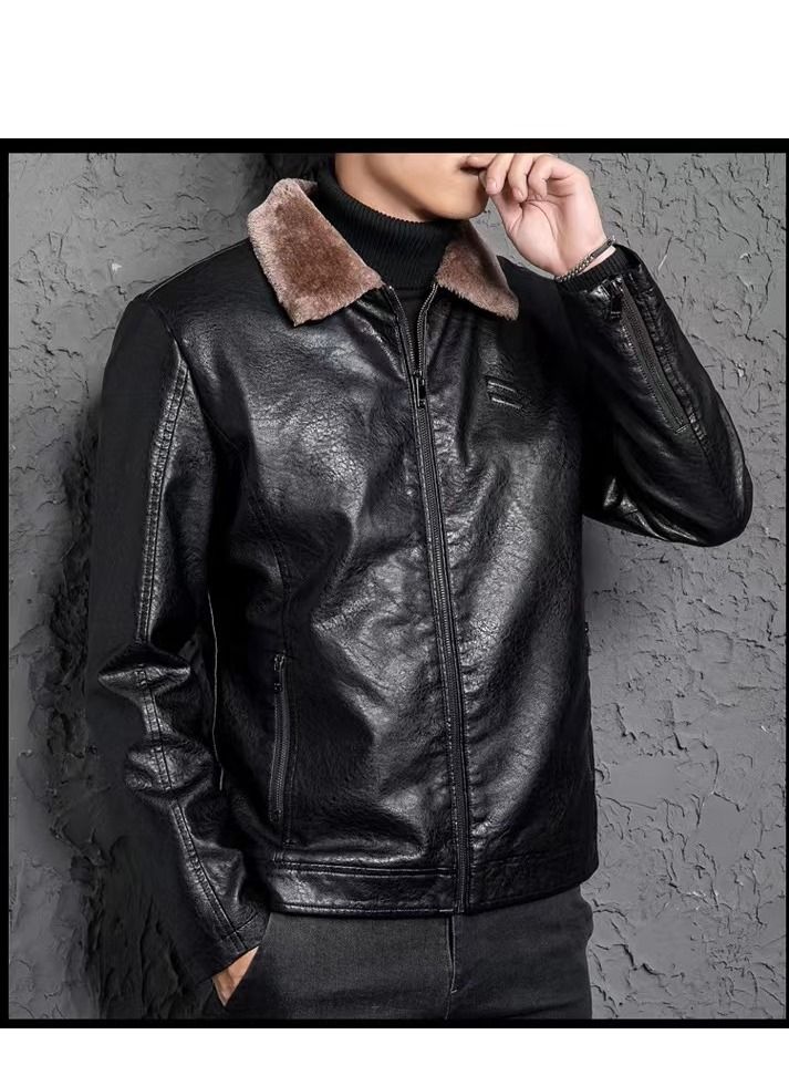 Loquat New Men's Fur One-piece Lapel Leather Jacket  - Image 2