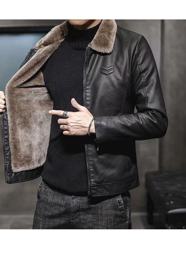 Loquat New Men's Fur One-piece Lapel Leather Jacket  - Image 3