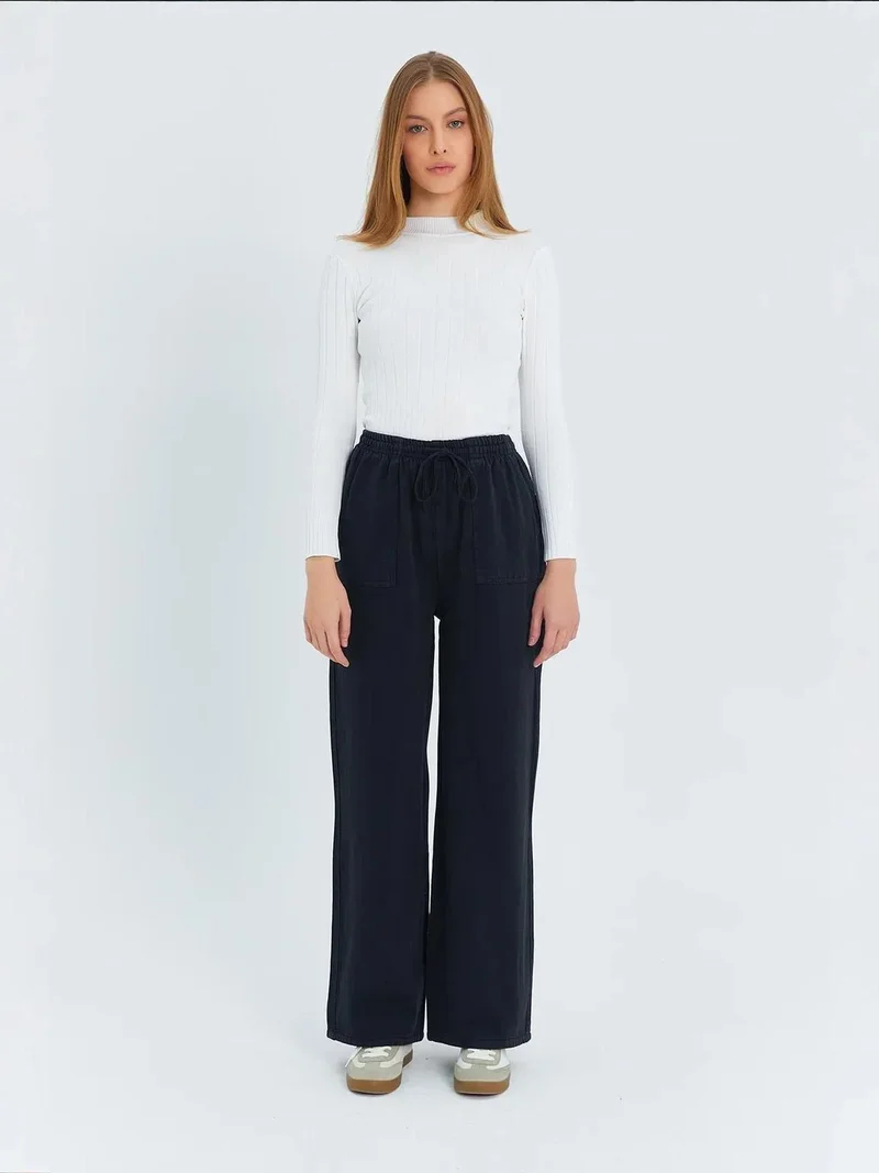 MixRay Black Mixray Elastic Waist Straight Leg Cotton Pants for Women | Best Price UAE