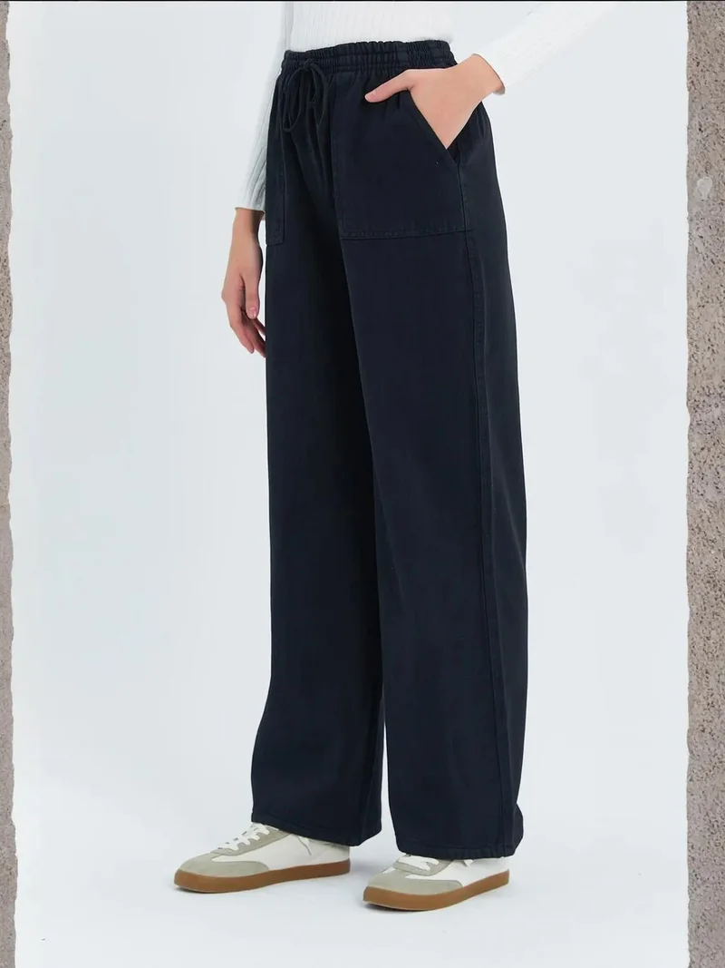 MixRay Black Mixray Elastic Waist Straight Leg Cotton Pants for Women | Best Price UAE
