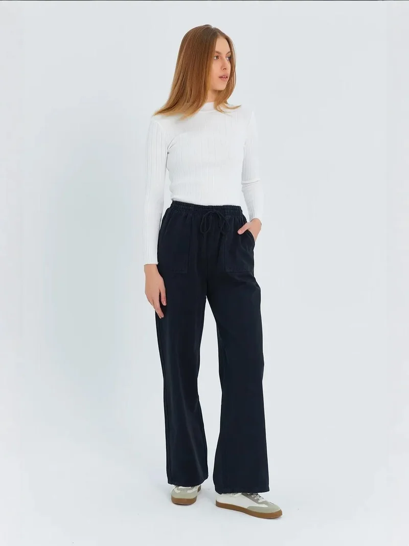 MixRay Black Mixray Elastic Waist Straight Leg Cotton Pants for Women | Best Price UAE