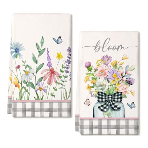 ARKENY Pink Wildflowers Spring Kitchen Towels Dish Towels Set of 2,Bloom Grey Buffalo Check Plaid Hand Towels 18x26 Inch Drying Dishcloth,Farmhouse Home Seasonal Spring Decorations AD327 - Image 1