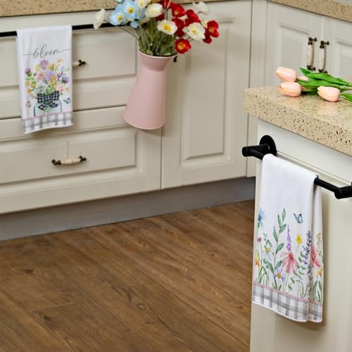 ARKENY Pink Wildflowers Spring Kitchen Towels Dish Towels Set of 2,Bloom Grey Buffalo Check Plaid Hand Towels 18x26 Inch Drying Dishcloth,Farmhouse Home Seasonal Spring Decorations AD327 - Image 5