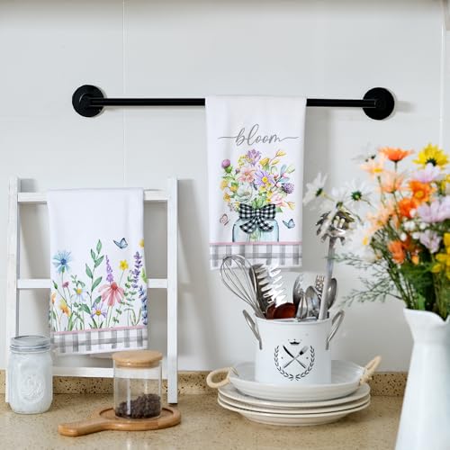 ARKENY Pink Wildflowers Spring Kitchen Towels Dish Towels Set of 2,Bloom Grey Buffalo Check Plaid Hand Towels 18x26 Inch Drying Dishcloth,Farmhouse Home Seasonal Spring Decorations AD327 - Image 4