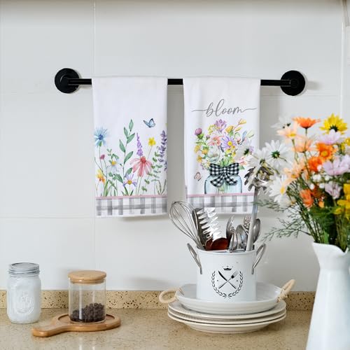 ARKENY Pink Wildflowers Spring Kitchen Towels Dish Towels Set of 2,Bloom Grey Buffalo Check Plaid Hand Towels 18x26 Inch Drying Dishcloth,Farmhouse Home Seasonal Spring Decorations AD327 - Image 2