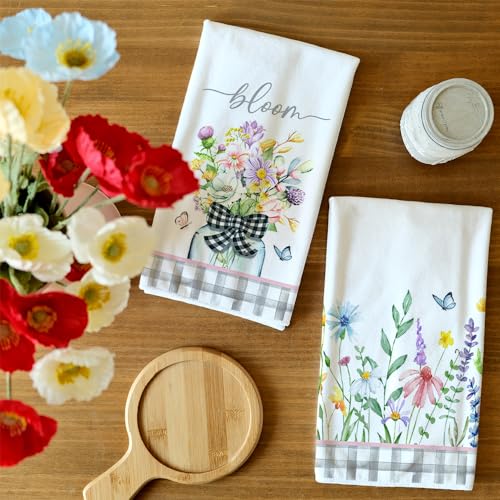 ARKENY Pink Wildflowers Spring Kitchen Towels Dish Towels Set of 2,Bloom Grey Buffalo Check Plaid Hand Towels 18x26 Inch Drying Dishcloth,Farmhouse Home Seasonal Spring Decorations AD327 - Image 3