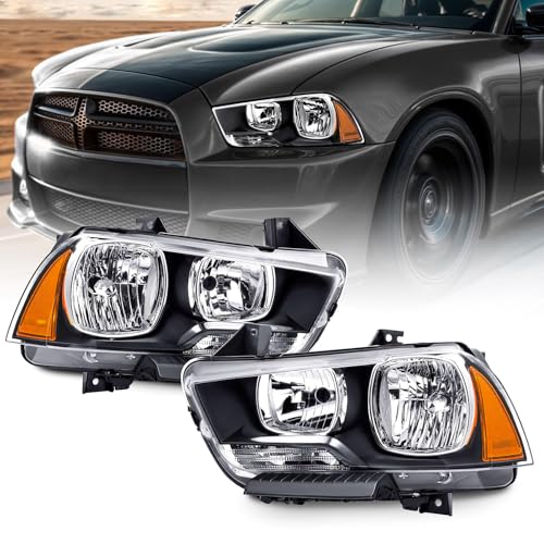 corkiauto Headlights Assembly Compatible with 2011 2012 2013 2014 Dodge Charger Halogen Headlamp NOT HID Model, Black Housing Amber ReflectorAmber Side - Image 1