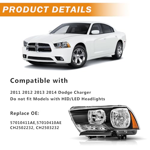 corkiauto Headlights Assembly Compatible with 2011 2012 2013 2014 Dodge Charger Halogen Headlamp NOT HID Model, Black Housing Amber ReflectorAmber Side - Image 2
