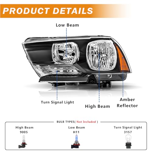 corkiauto Headlights Assembly Compatible with 2011 2012 2013 2014 Dodge Charger Halogen Headlamp NOT HID Model, Black Housing Amber ReflectorAmber Side - Image 4