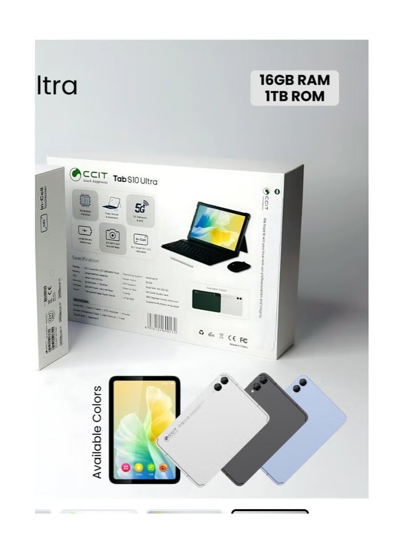 CCIT Tab S10 Ultra 10.1" Android Tablet | 16GB RAM + 1TB ROM | Full HD Display, Dual SIM 4G | Massive 10000mAh Battery | Includes Stylus, Wireless Keyboard & Mouse – Black - Image 4