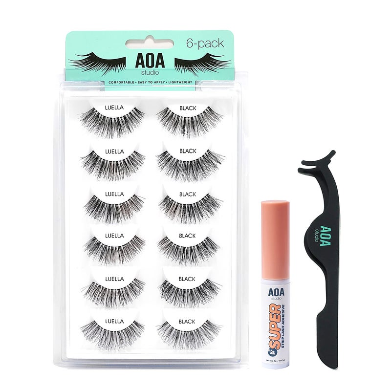 AOA Studio 6 Pairs Luella Natural Handmade False Eyelashes with Glue and Tweezer Reusable Fake Eyelashes 100 Percent Handmade Cruelty Free