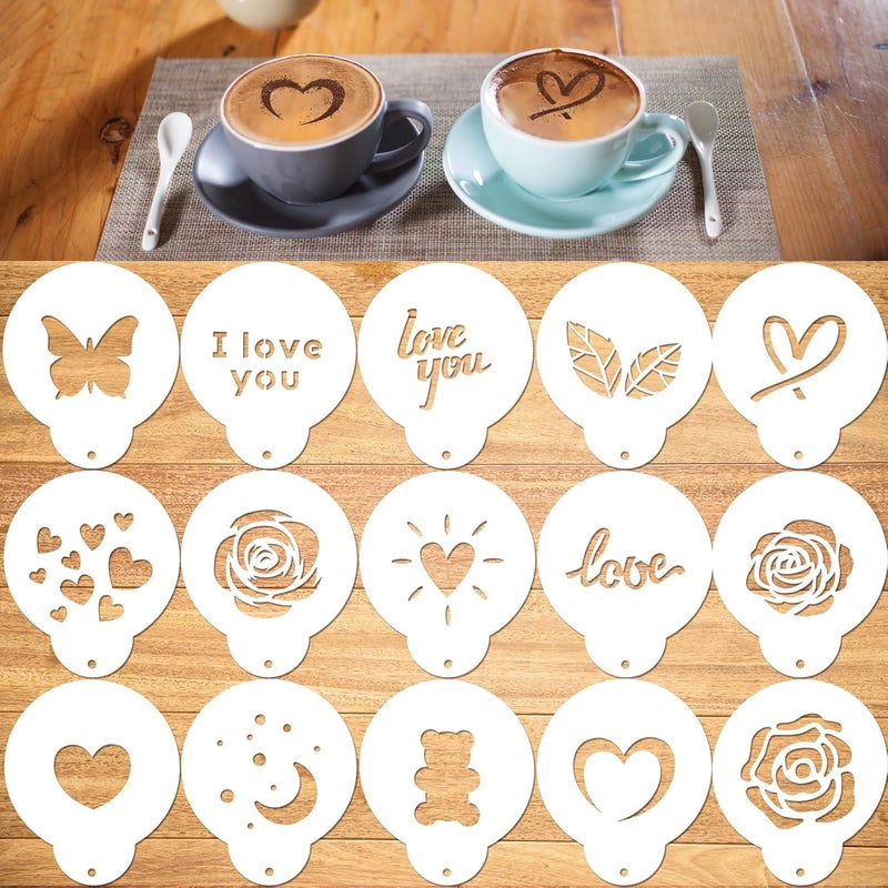 Konsait Coffee Stencil, 15 Pieces Latte Art Stencils for Coffee Decorations, Oatmeal Cupcake Cake Cappuccino Mousse Hot Chocolate Valentines Day - Image 1