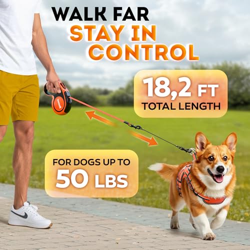 IWOOFI Retractable Dog Leash 18.2 ft – Chew Proof Cable Included – 360° Tangle-Free Design – Heavy Duty Reflective Leash – Soft Anti-Slip Grip Outdoor Daily for Small Medium Dogs up to 50 lbs (Orange) - Image 2