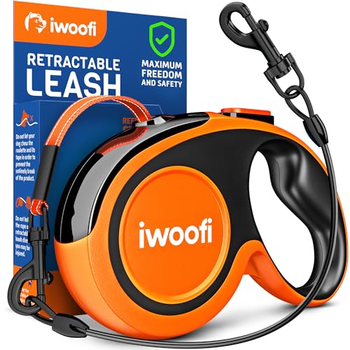 IWOOFI Retractable Dog Leash 18.2 ft – Chew Proof Cable Included – 360° Tangle-Free Design – Heavy Duty Reflective Leash – Soft Anti-Slip Grip Outdoor Daily for Small Medium Dogs up to 50 lbs (Orange) - Image 1