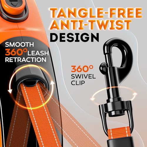 IWOOFI Retractable Dog Leash 18.2 ft – Chew Proof Cable Included – 360° Tangle-Free Design – Heavy Duty Reflective Leash – Soft Anti-Slip Grip Outdoor Daily for Small Medium Dogs up to 50 lbs (Orange) - Image 5