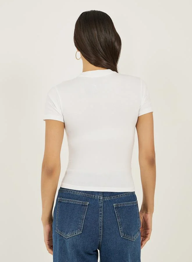 Styli Bear Graphic Printed Short Sleeve Fitted T-Shirt with Ribbon Detail