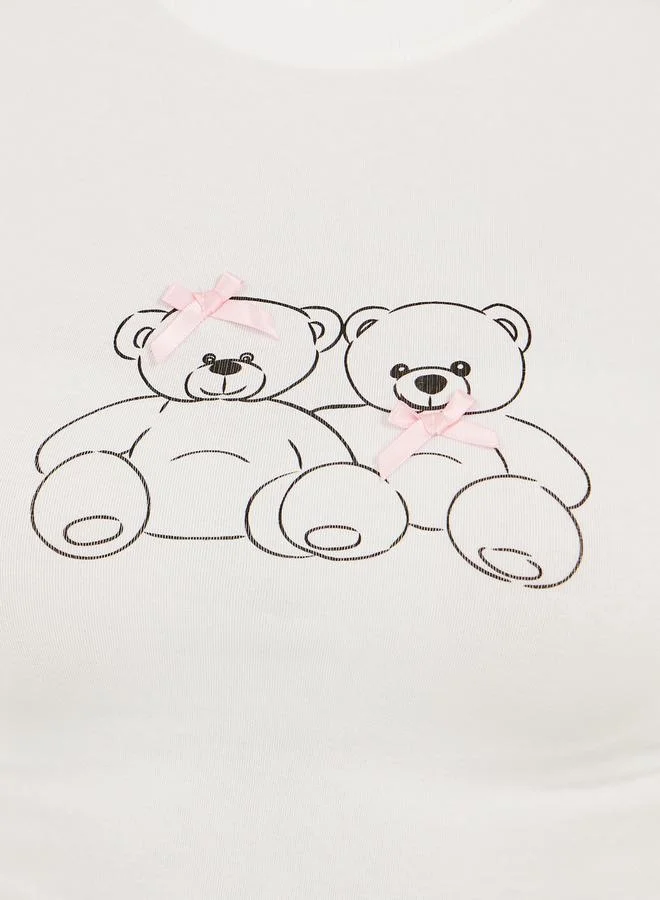 Styli Bear Graphic Printed Short Sleeve Fitted T-Shirt with Ribbon Detail