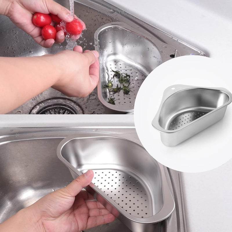 Luckam سلة مصفاة حوض من الفولاذ المقاوم للصدأ مثلثية الشكل، سلة تصريف مثلثية لحوض تصفية الطعام أو رف التخزين (فضي) - Image 3