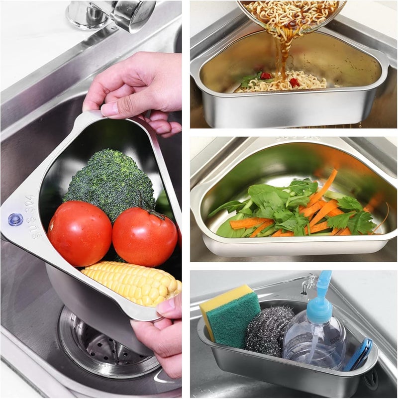 Luckam سلة مصفاة حوض من الفولاذ المقاوم للصدأ مثلثية الشكل، سلة تصريف مثلثية لحوض تصفية الطعام أو رف التخزين (فضي) - Image 2