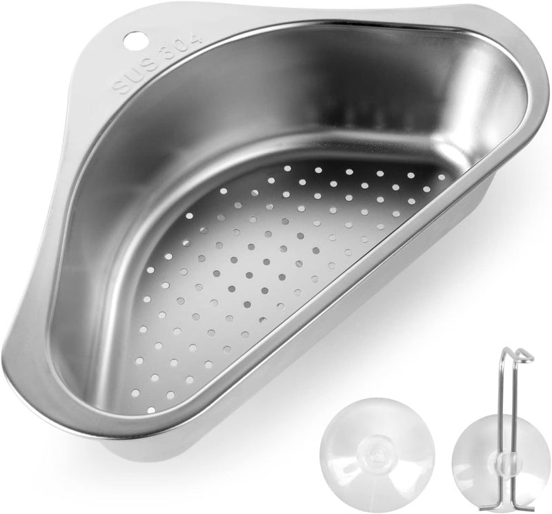 Luckam سلة مصفاة حوض من الفولاذ المقاوم للصدأ مثلثية الشكل، سلة تصريف مثلثية لحوض تصفية الطعام أو رف التخزين (فضي) - Image 1