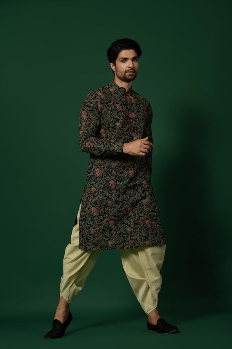 KISAH Mens Printed Cotton Blend Kurta – Traditional Ethnic Wear Kurta for Men for Weddings & Festivals Black - Image 3