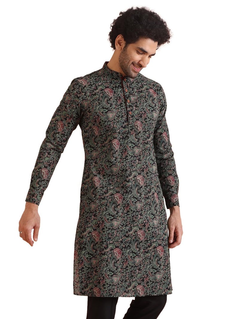 KISAH Mens Printed Cotton Blend Kurta – Traditional Ethnic Wear Kurta for Men for Weddings & Festivals Black - Image 1