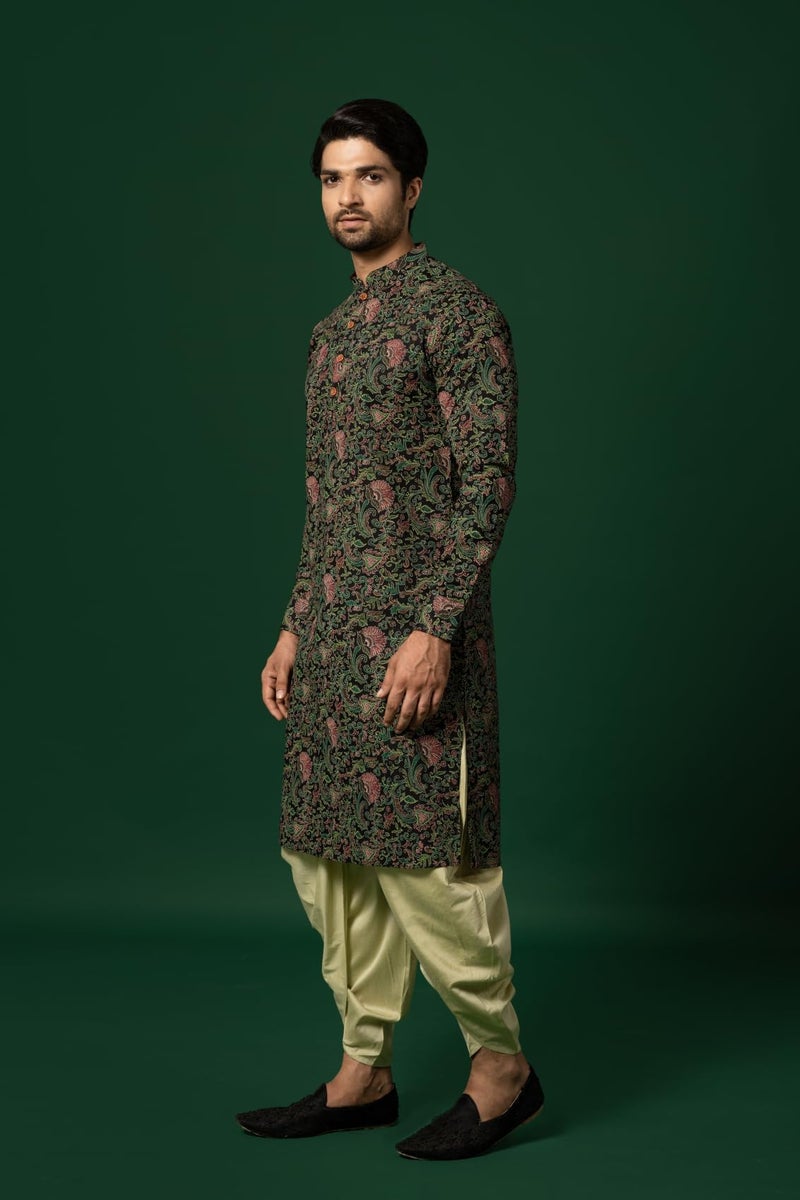 KISAH Mens Printed Cotton Blend Kurta – Traditional Ethnic Wear Kurta for Men for Weddings & Festivals Black - Image 2