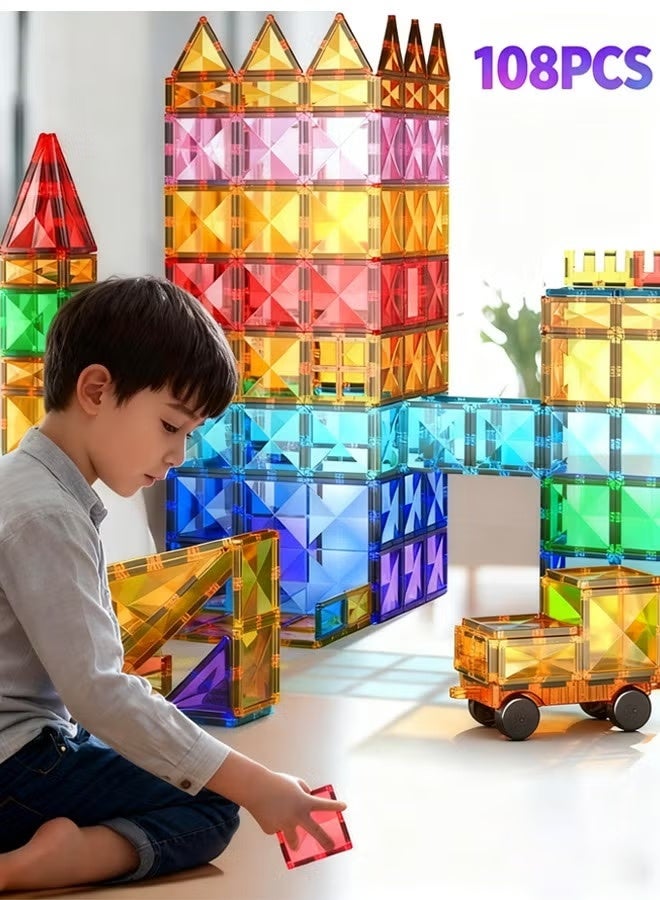 DUNELIFE 108 Piece Magnetic Building Blocks for Kids, Educational Learning Building Sets, 3D Building Blocks Construction Stacking Toys Gifts for Boys Girls 7.5cm Size - Image 1