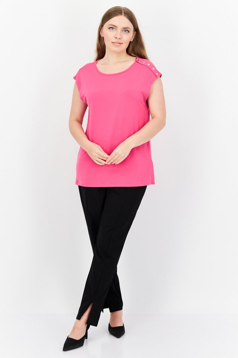 H by Halston Women Round Neck Cap Sleeve Solid Shirt, Fuchsia - Image 3