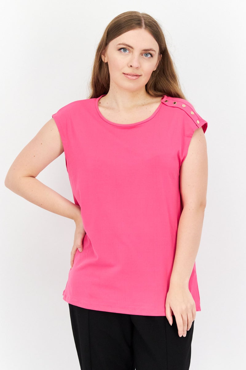 H by Halston Women Round Neck Cap Sleeve Solid Shirt, Fuchsia - Image 1