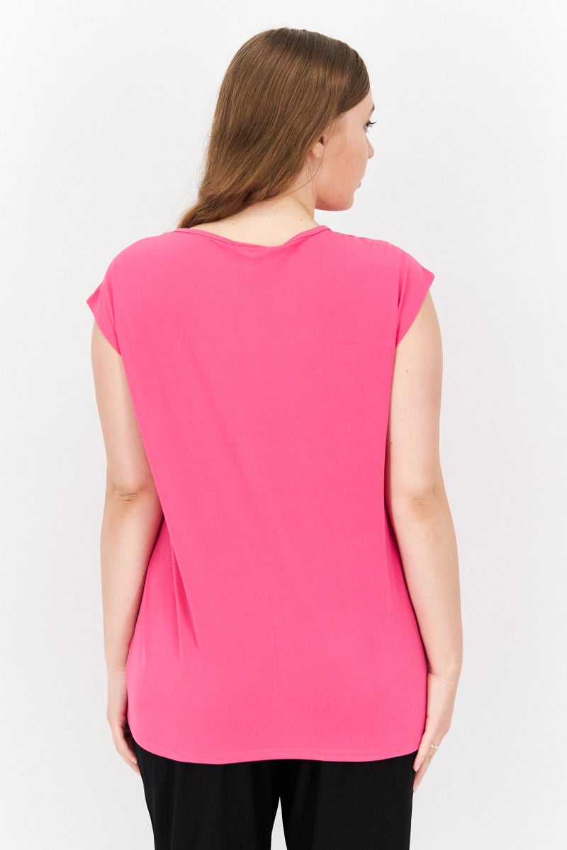 H by Halston Women Round Neck Cap Sleeve Solid Shirt, Fuchsia - Image 2