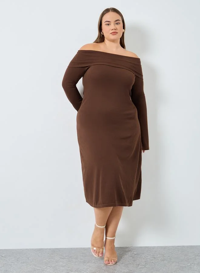 Styli Styli Plus Size Brown Off-Shoulder Midi Dress