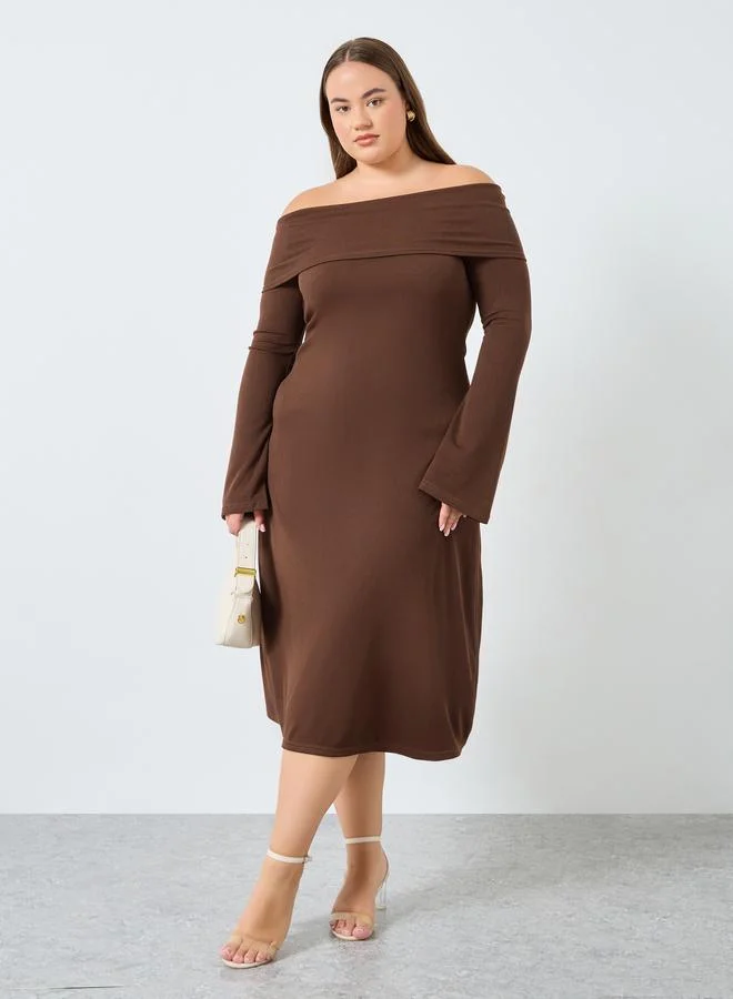 Styli Styli Plus Size Brown Off-Shoulder Midi Dress