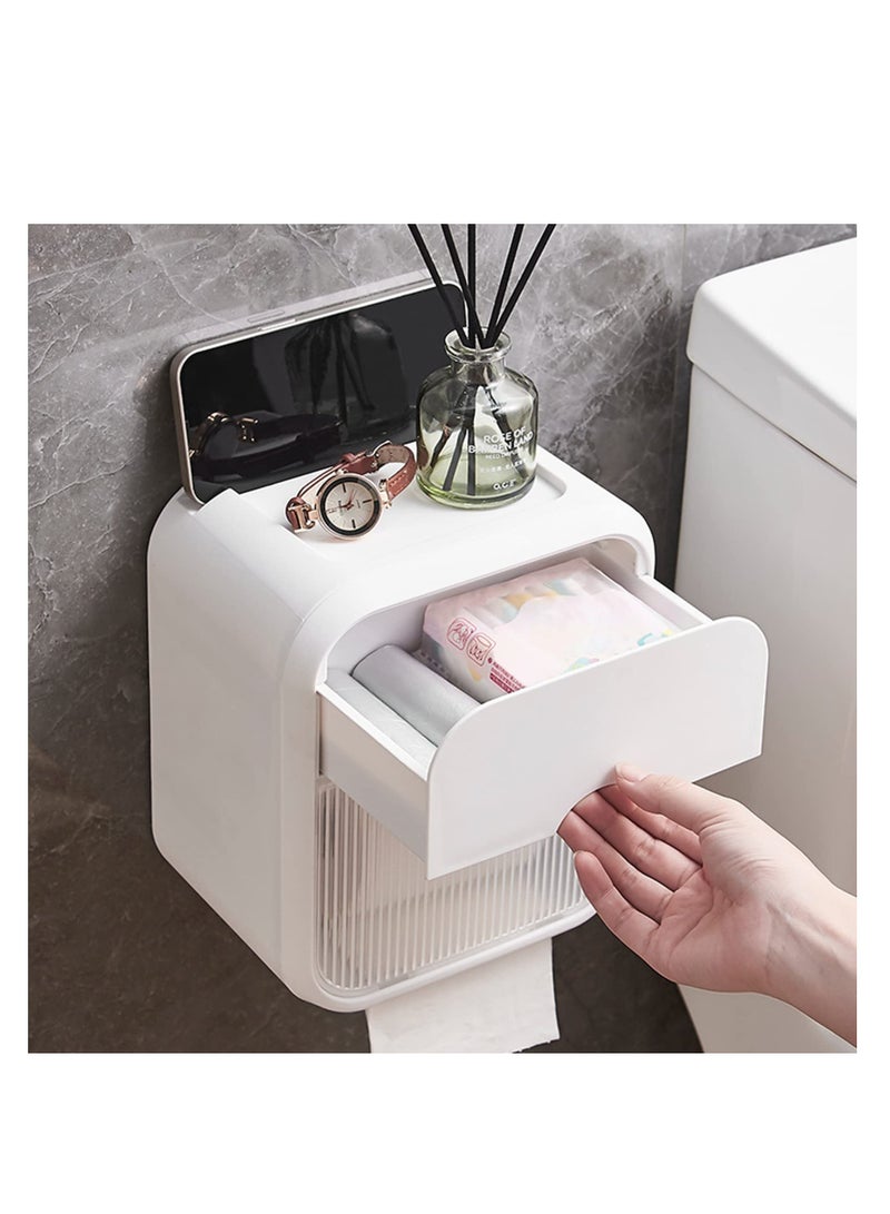 Wall Mounted Tissue Storage Box - Toilet Paper Box Dispenser with Phone Holder Organizer Drawer Bathroom Towel Period Trash Bag Home Accessories Multifunction Tissue Storage Box - Image 1