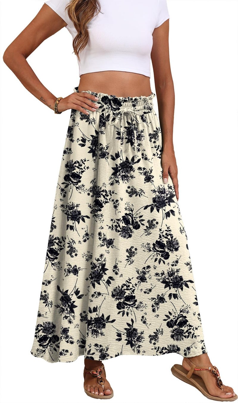 Askyes Womens Maxi Skirts Elastic High Waisted Casual Floral Flowy Wedding Guest Long Skirts with Pockets,L - Image 5