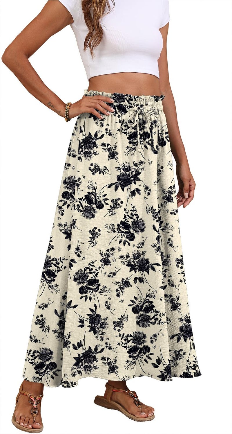 Askyes Womens Maxi Skirts Elastic High Waisted Casual Floral Flowy Wedding Guest Long Skirts with Pockets,L - Image 4