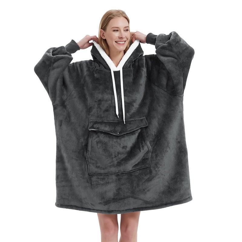 Qeils Qeils Oversized Wearable Blanket Hoodie  Comfy Sherpa Sweatshirt Pullover Jacket (Large Pocket  Dark Grey  Adult)  - Image 1