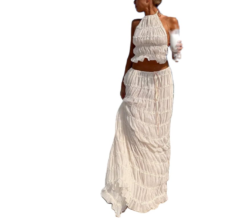 Argeousgor Women Y2K Skirt Set Outfits Sleeveless Crop Top Bodycon Midi Skirt Dress Sexy 2 Piece Mesh Outfits Skirt Summer(U-White Backless Outfits,S) - Image 2