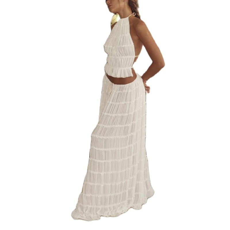 Argeousgor Women Y2K Skirt Set Outfits Sleeveless Crop Top Bodycon Midi Skirt Dress Sexy 2 Piece Mesh Outfits Skirt Summer(U-White Backless Outfits,S) - Image 4