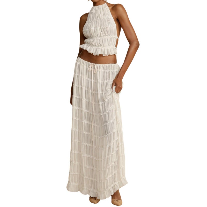 Argeousgor Women Y2K Skirt Set Outfits Sleeveless Crop Top Bodycon Midi Skirt Dress Sexy 2 Piece Mesh Outfits Skirt Summer(U-White Backless Outfits,S) - Image 1