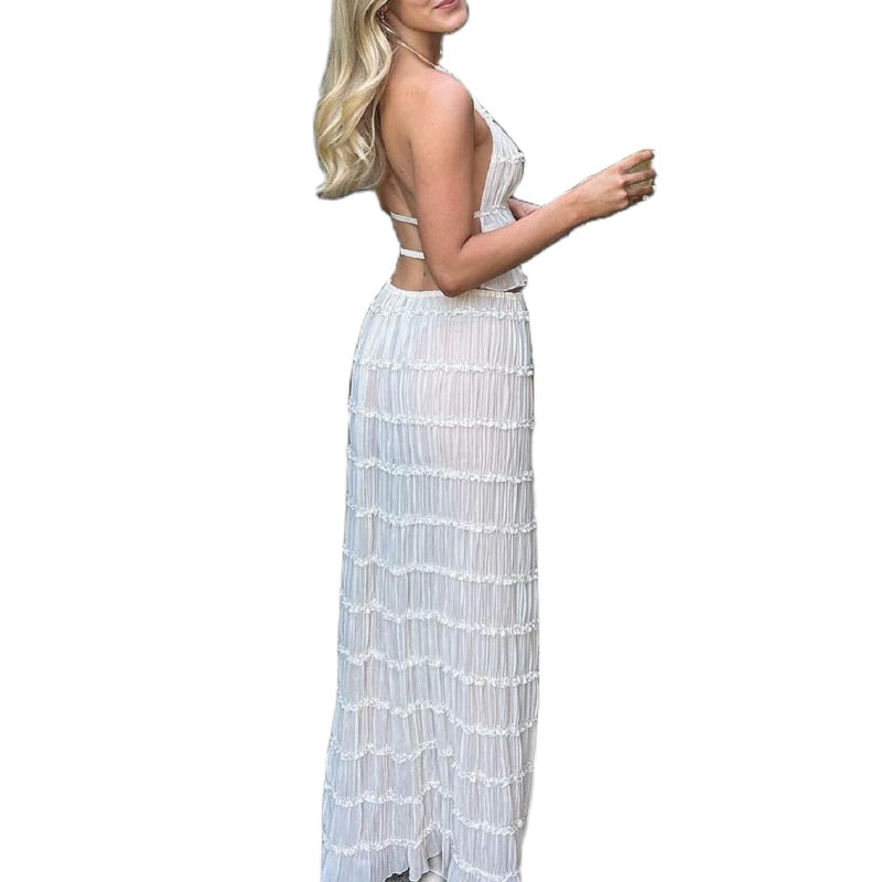Argeousgor Women Y2K Skirt Set Outfits Sleeveless Crop Top Bodycon Midi Skirt Dress Sexy 2 Piece Mesh Outfits Skirt Summer(U-White Backless Outfits,S) - Image 3