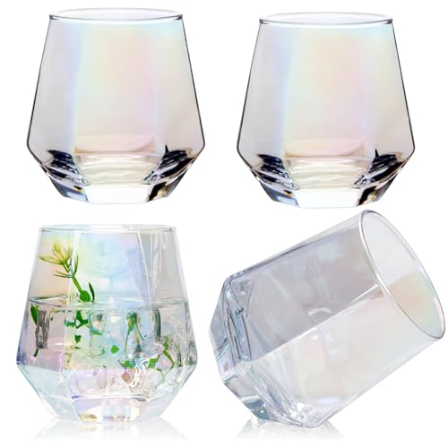 Ufrount Wine Glasses Set of 4,Iridescent Stemless Wine Glasses for Red and White Wine,Geometric 10oz Diamond Shaped Glass Cups for Whiskey,Cocktail,Bourbon,Juice,Water - Image 1