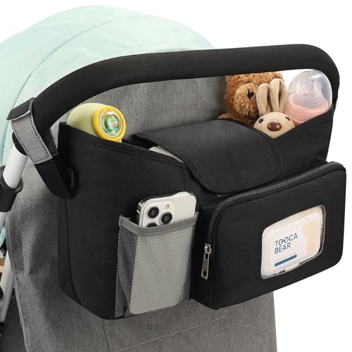 Accmor Universal Stroller Organizer with Insulated Cup Holder Stroller Caddy Bag Accessories Stroller Cup Holder Organizer for Uppababy Baby Jogger Britax Stroller Black - Image 1